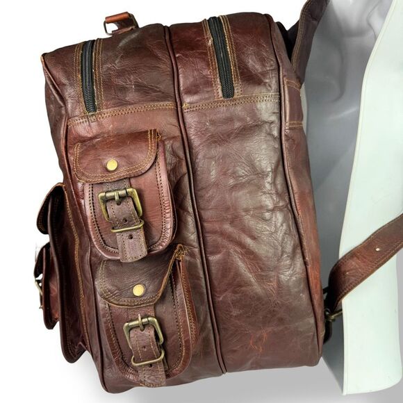 Vintage Distressed Handmade Rugged Rustic Brown Buffalo Leather Backpack Bag - Picture 4 of 11